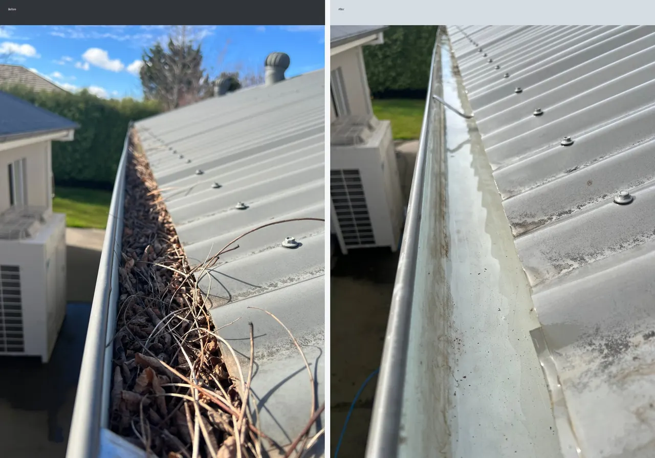 Before and after close-up of a gutter cleared of packed leaves and debris