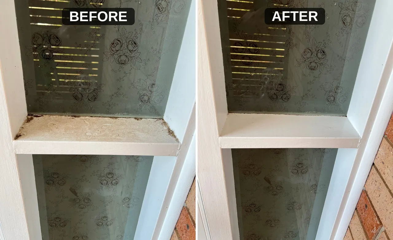 Before and after cleaning of a window sill