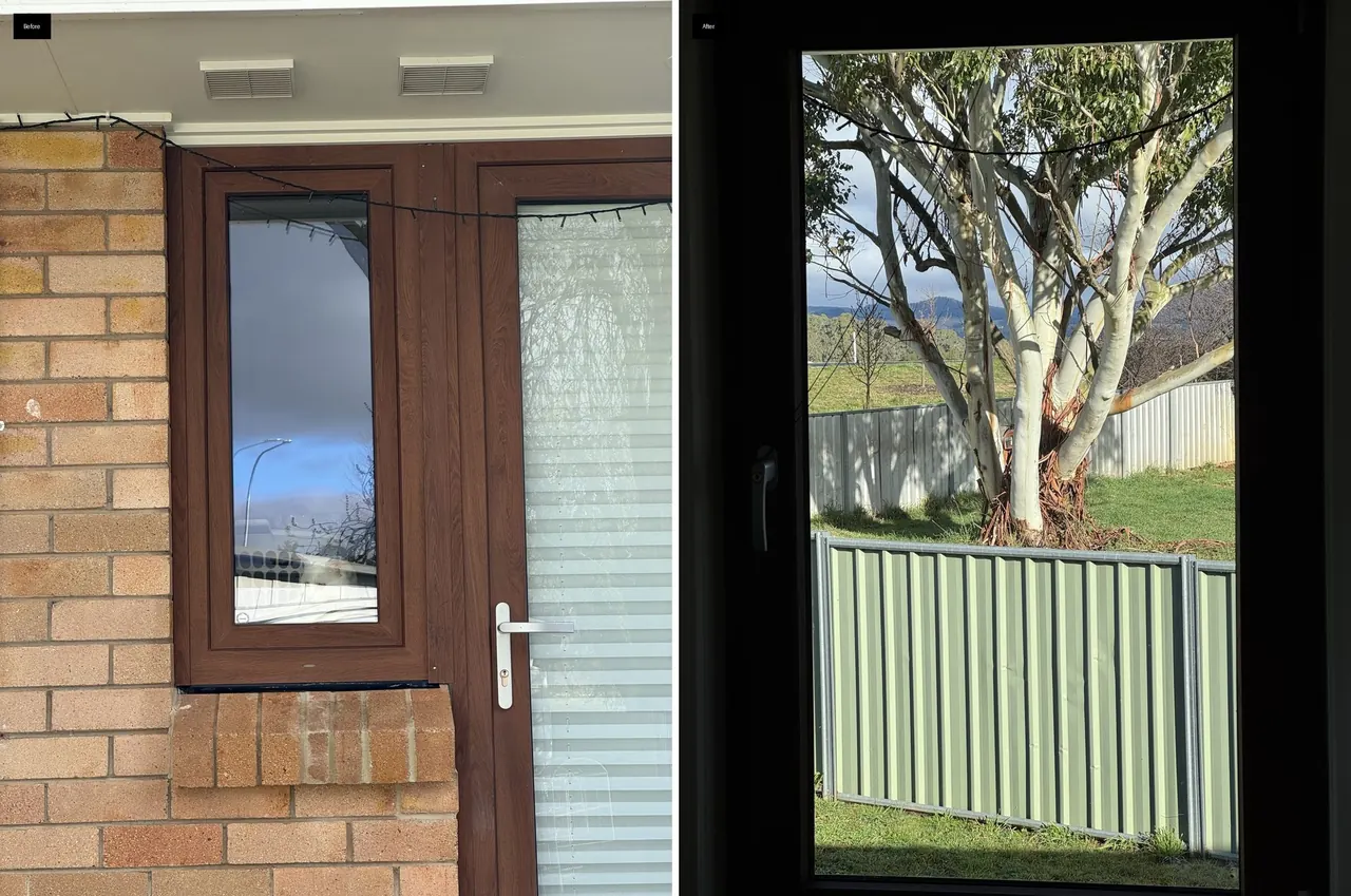 Before and after window cleaning showing streak-free clear glass