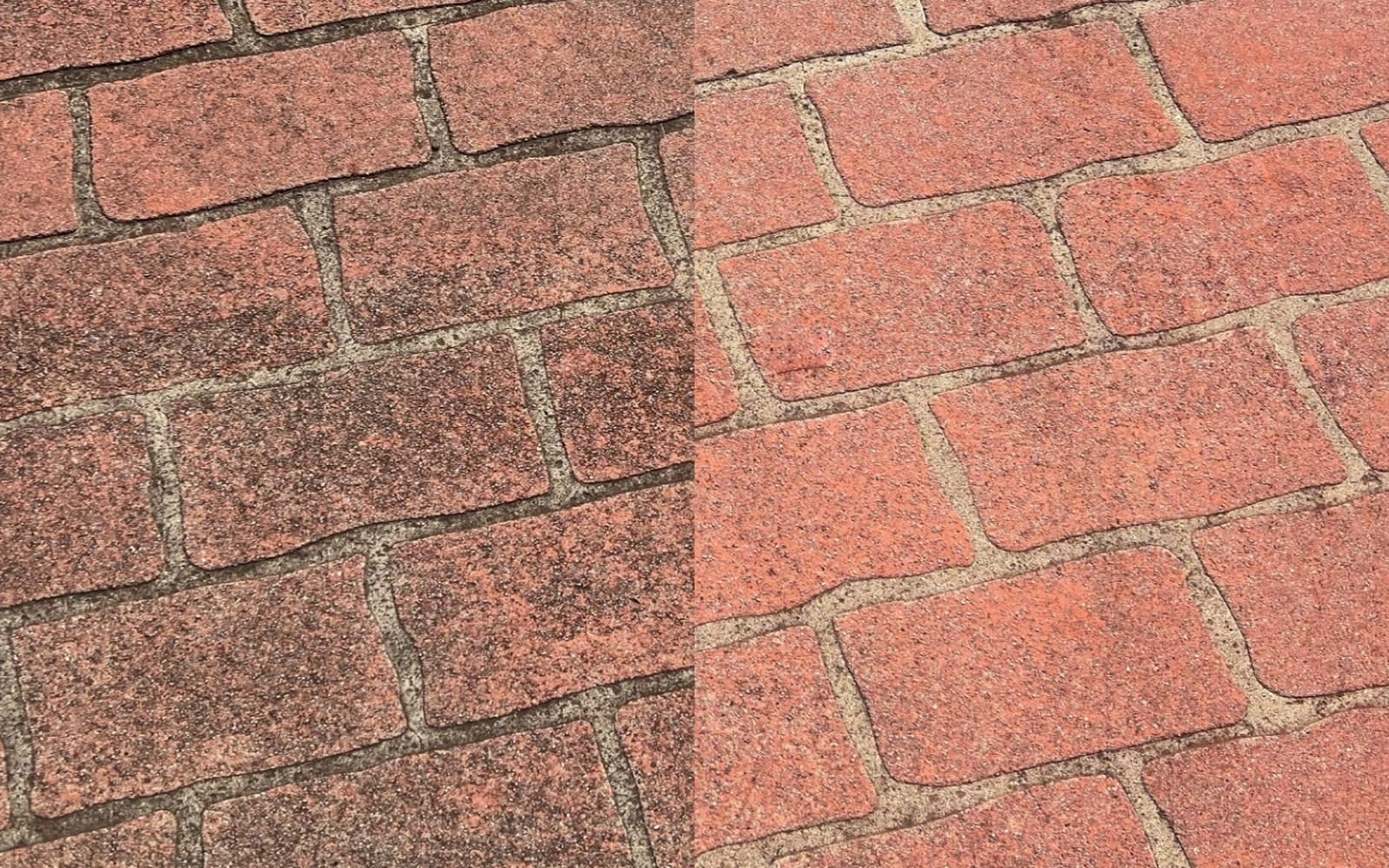 Side-by-side before and after pressure washing of a dirty path