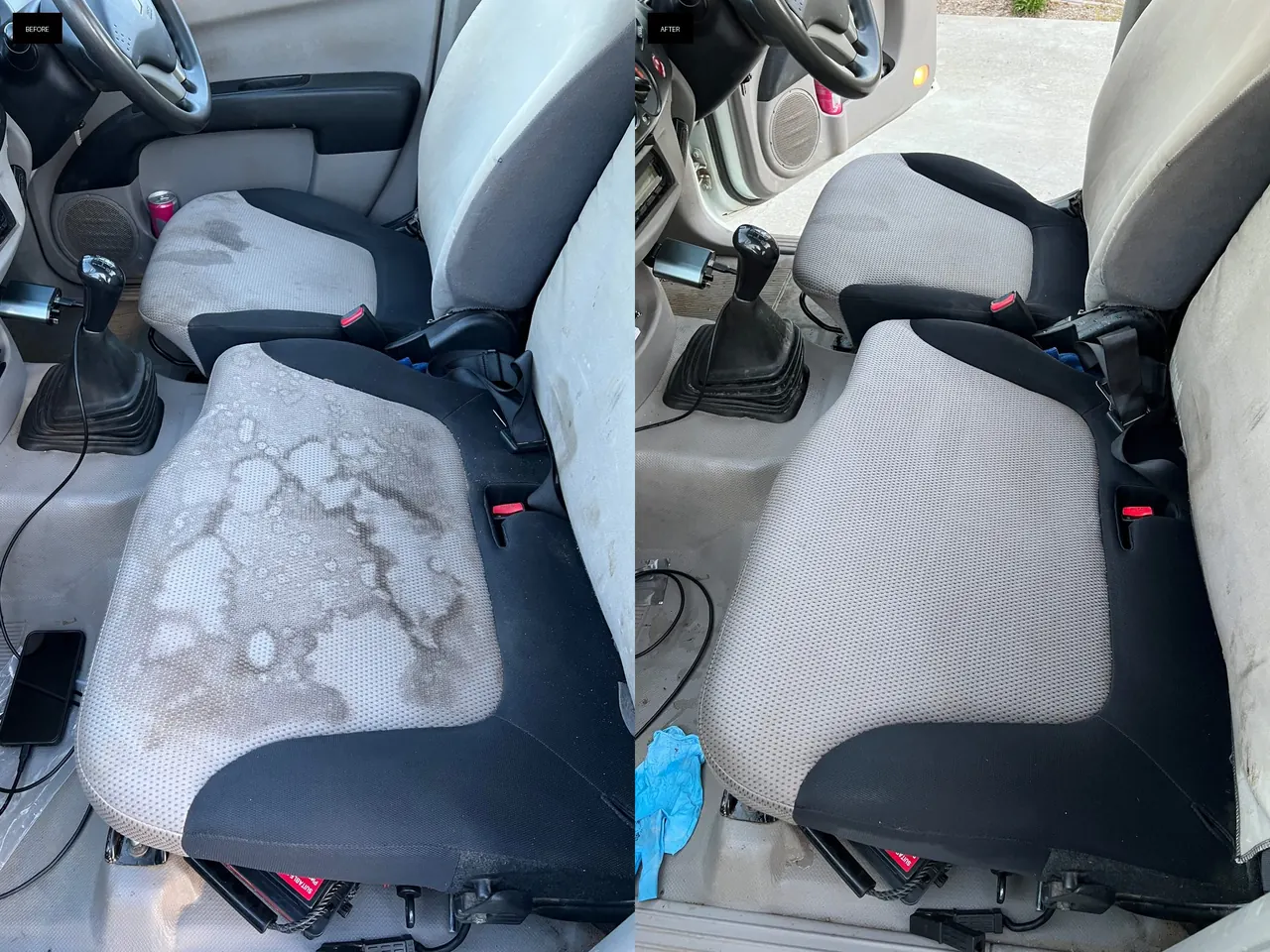 Vehicle interior seat cleaning before and after — foam extracted to a clean finish