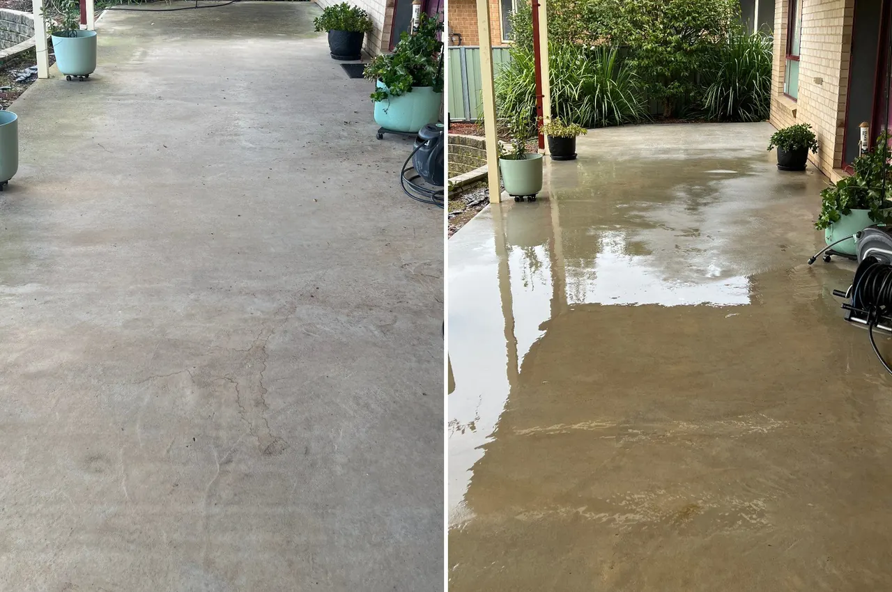 Full before-and-after of a pressure-washed concrete patio