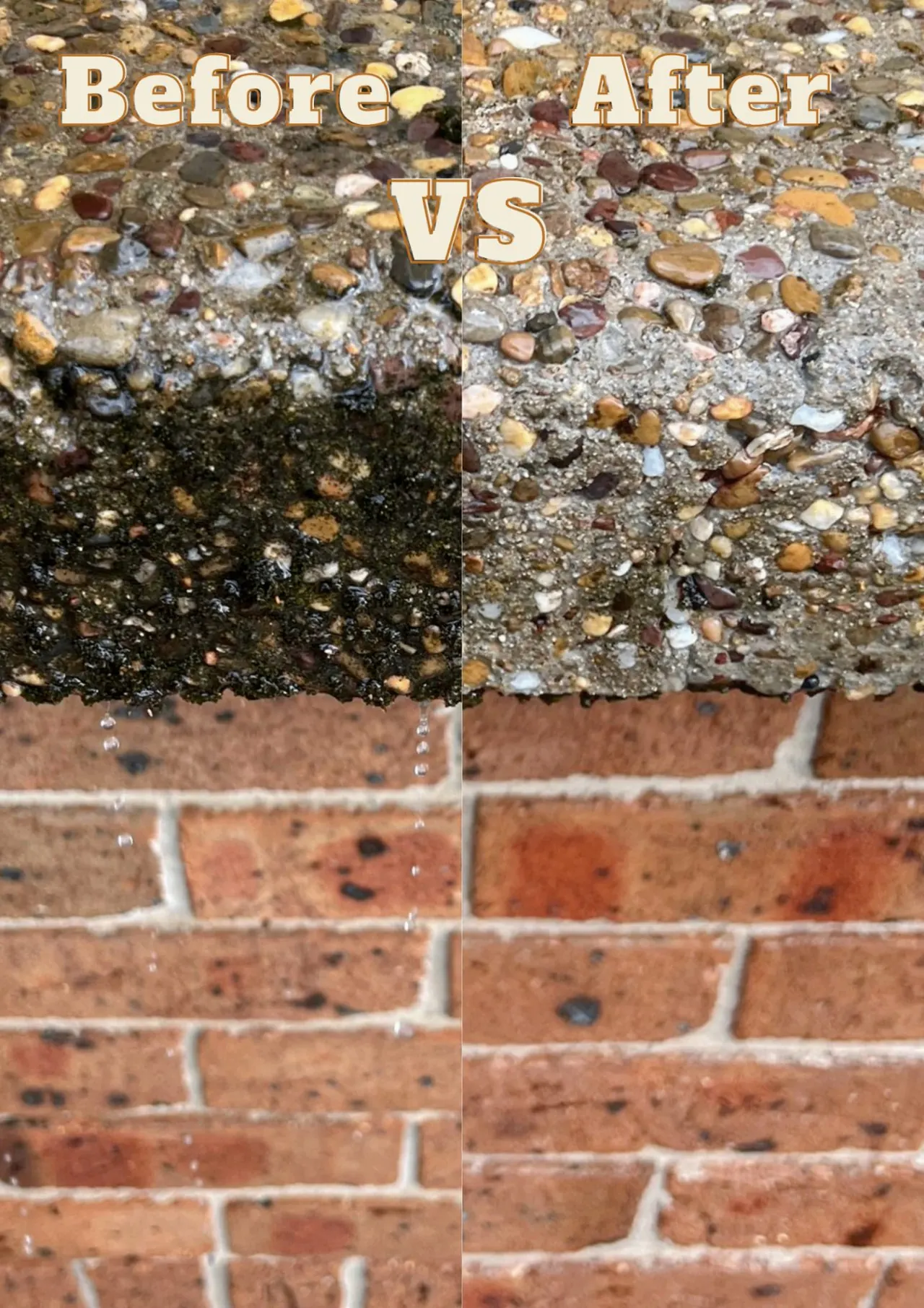 Before and after pressure washing of concrete edge and brick wall