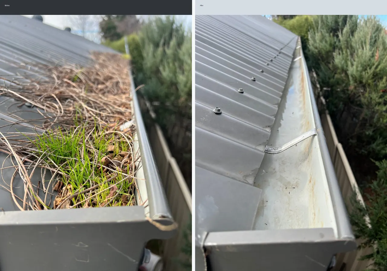 Before and after detail shot of gutter cleaning with debris removed and flow restored