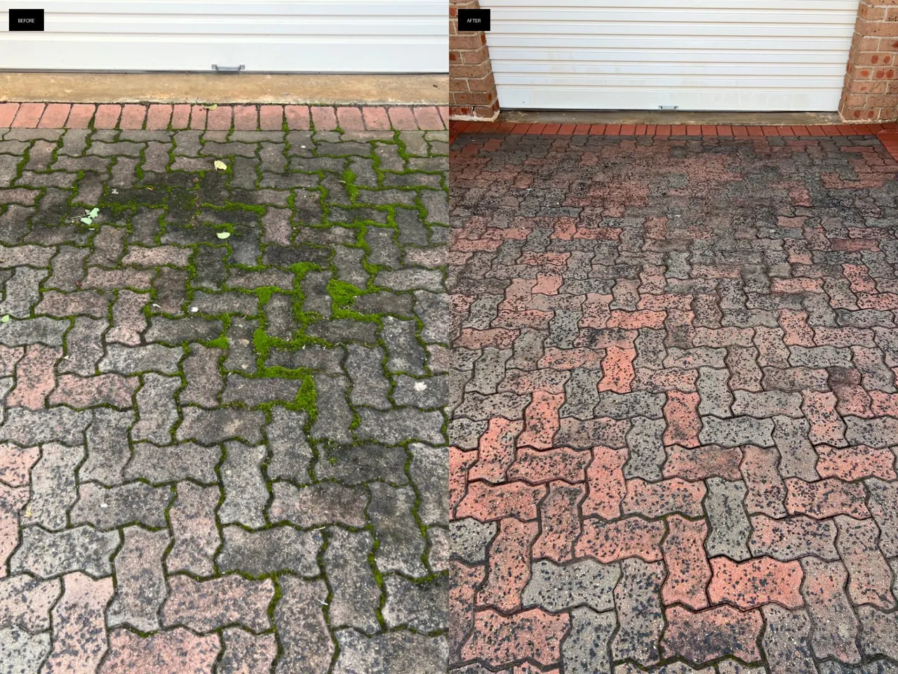 Before and after pressure washing of a mossy paver driveway restored to clean
