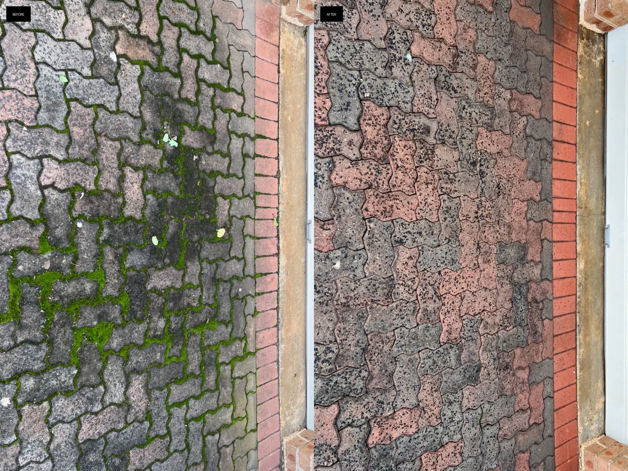 Before and after pressure washing of a mossy paver path near a doorway